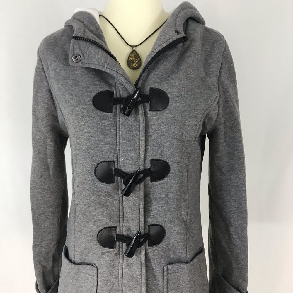 Gray Hooded Duffle Coat with Pockets - Picture 3 of 8
